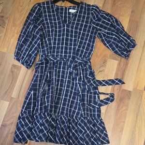 Calvin Klien Navy Plaid V-Neck Dress with Belt